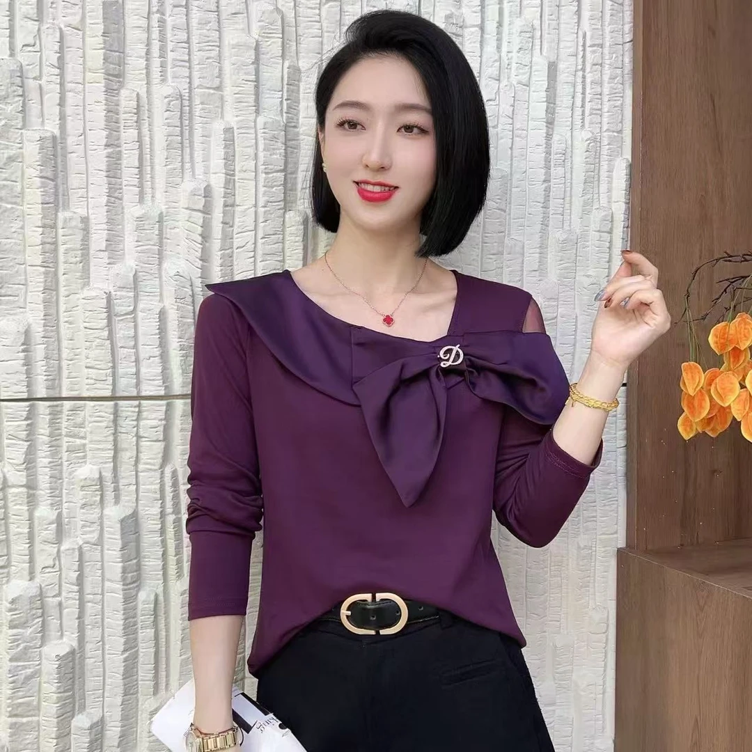 <美虹时装>女蝴蝶结常规型长袖棉T上衣