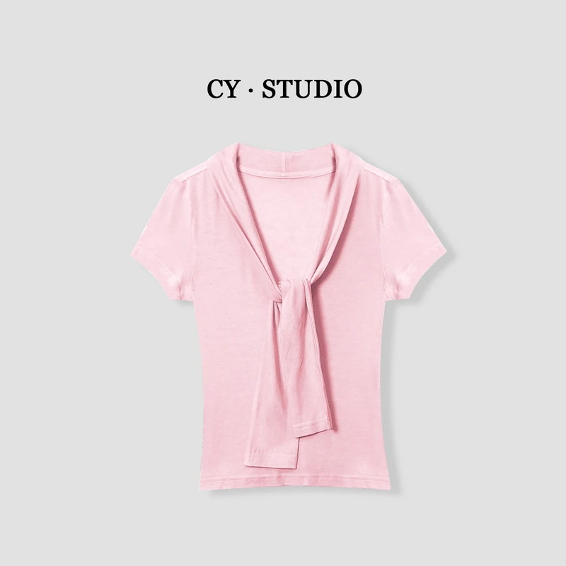 【艺涵】夏季新款修身设计感系带短袖女34337