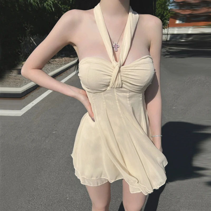 显瘦气质时尚小众设计感法式复古韩版夏季女装挂脖连衣裙女超仙纯