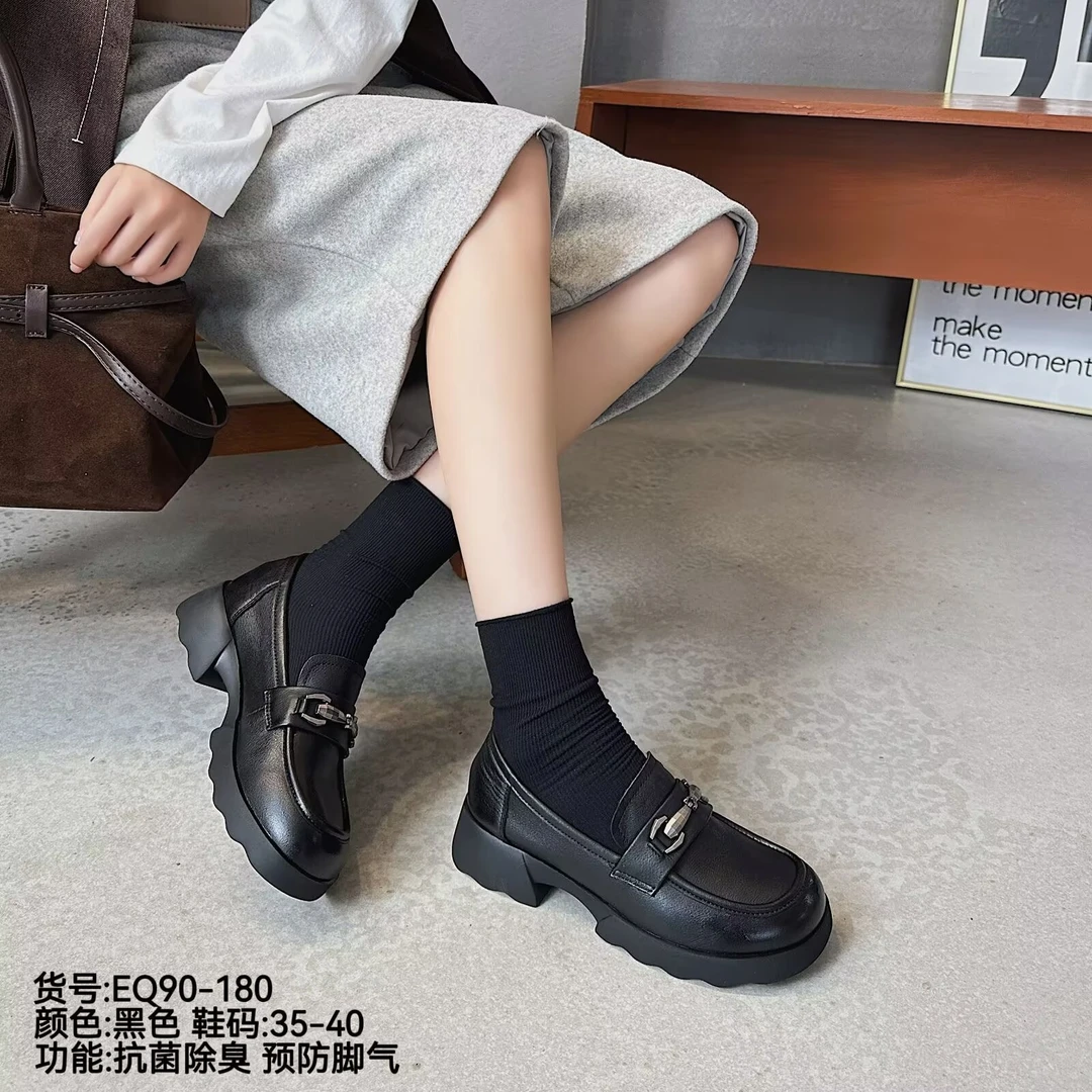 香牌皮鞋头层牛皮超轻软底薄款简约风乐福鞋英伦风欧若动感风黑色