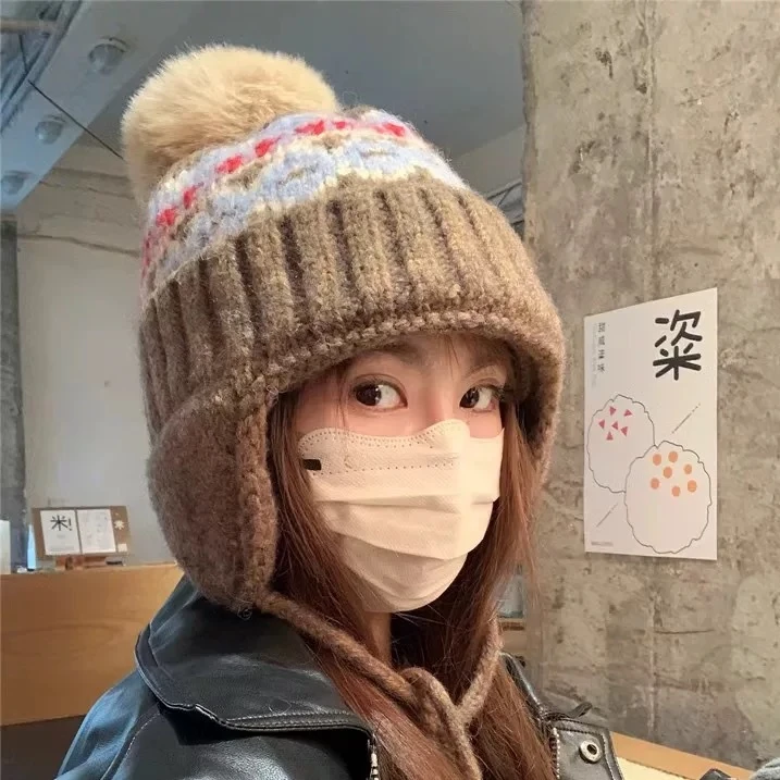 加厚防寒韩版帽子秋冬女秋冬复古针织帽雷锋帽帽子针织帽加绒百搭