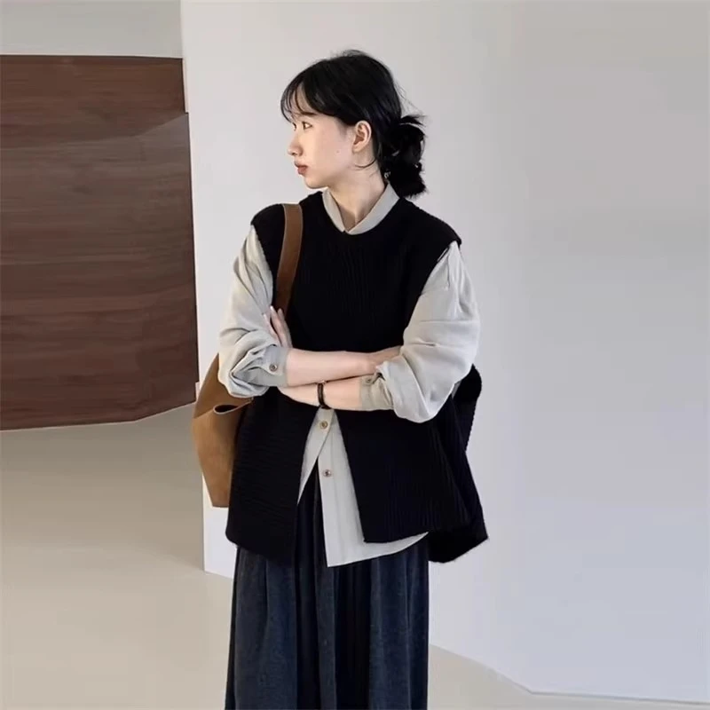 韩系穿搭一整套女装2025早春新款时尚长袖衬衫搭配针织马甲两件套