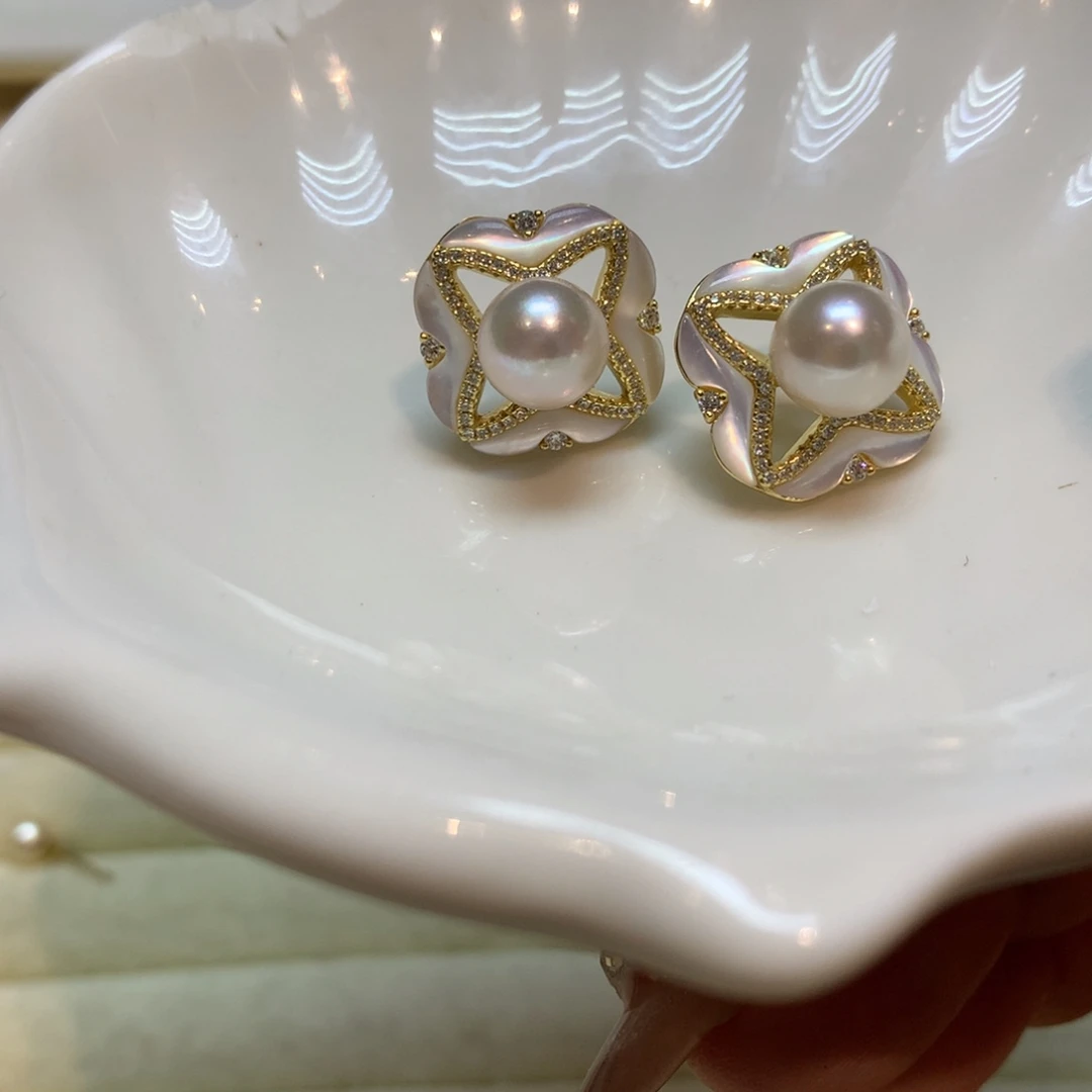 海水珍珠耳饰银S925镶嵌