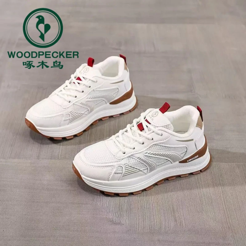 啄木鸟2025春季新款轻便舒适爆款圆头厚底运动休闲鞋百搭小白鞋