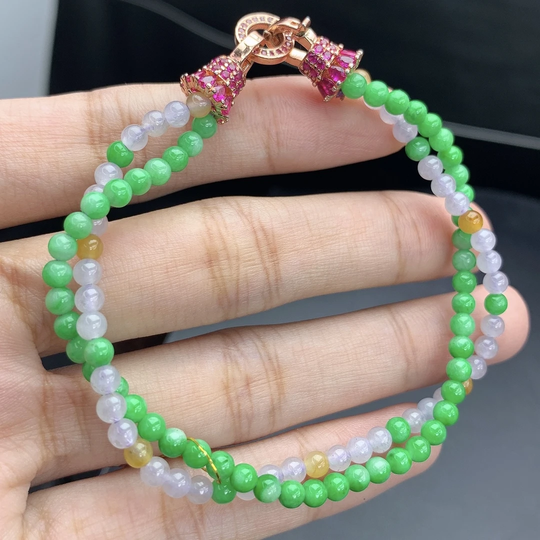 缅甸A货翡翠阳绿加紫翡多宝小米珠圆珠手链手串两圈MLT卡3.5mm