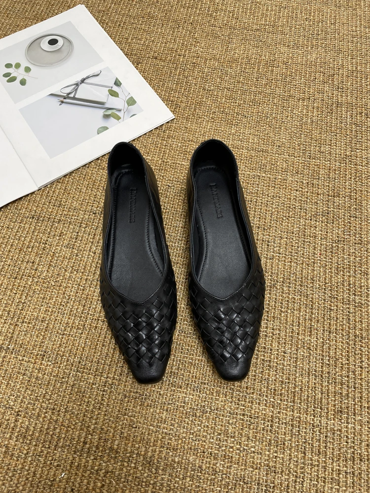 真皮断码清仓法式方头编织浅口单鞋女低跟2025春秋新款通勤平底鞋