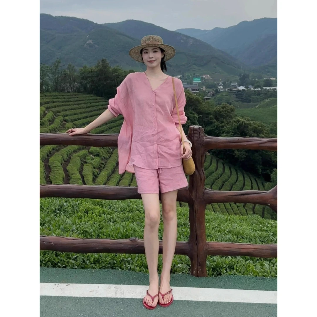 巨好穿，度假风衬衫套装女夏季老钱松弛慵懒宽松衣短裤两件套