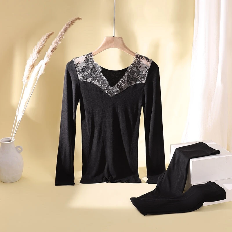 【安迪甄选】发热竹纤维睫毛蕾丝V领套装 09053