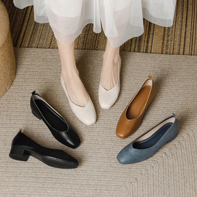 真皮浅口单鞋女粗跟2025年新款春秋时尚百搭软底豆豆鞋中跟皮鞋子