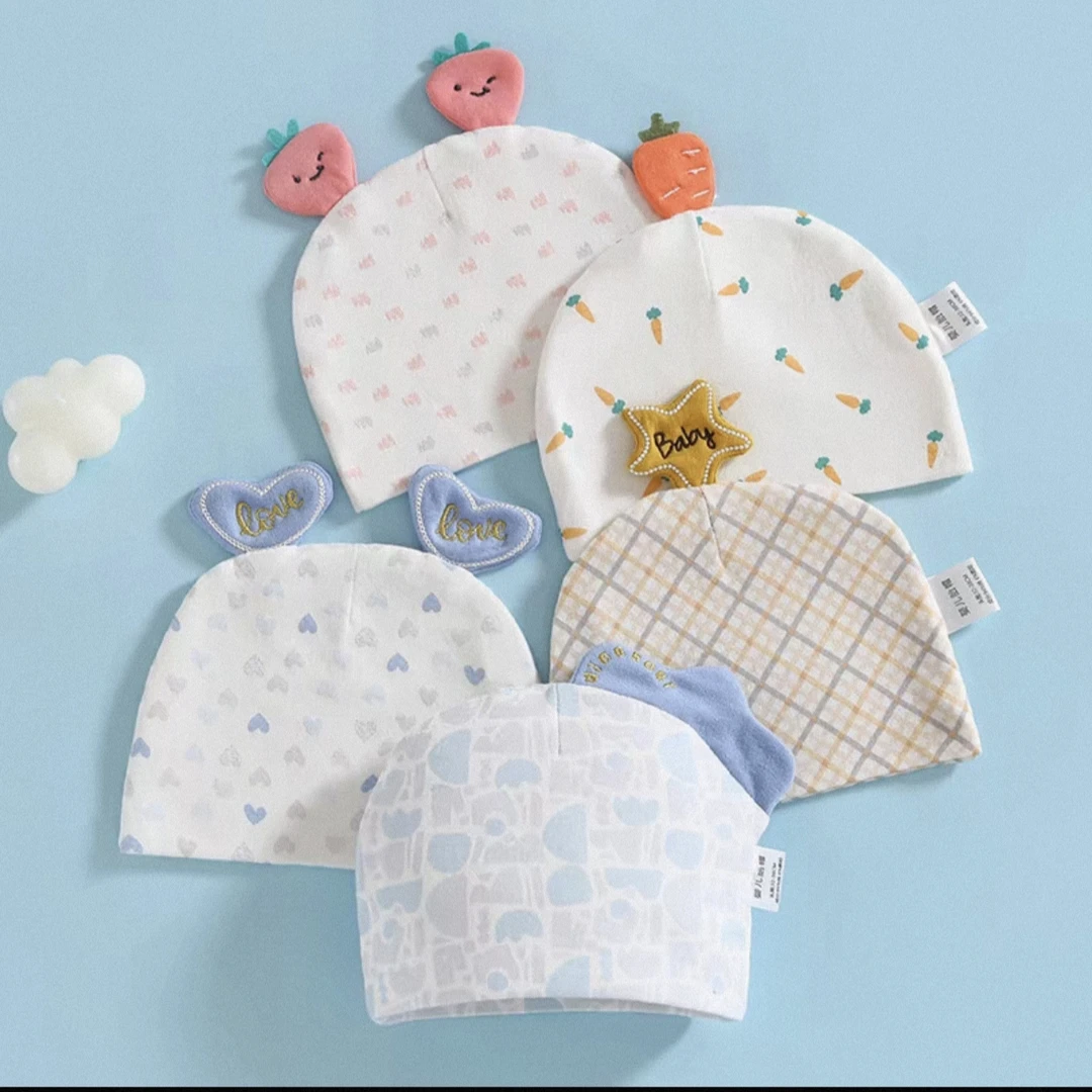 新生婴儿帽子夏季纯棉无骨帽0-8月宝宝护卤门春秋款可爱超萌胎帽