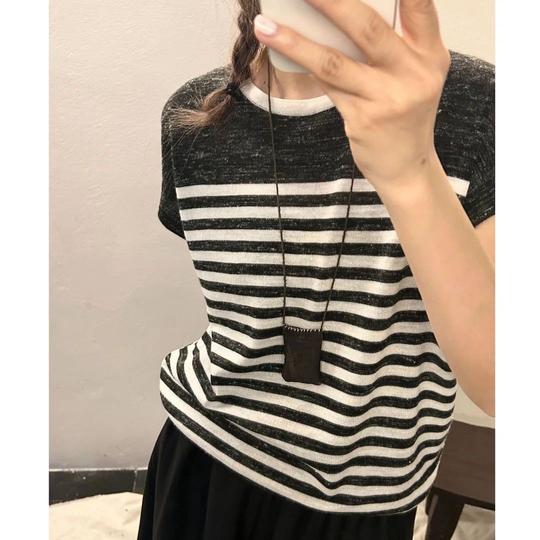 复古港风撞色针织白色短袖T恤法式小众拨款宽松上衣 AK86101