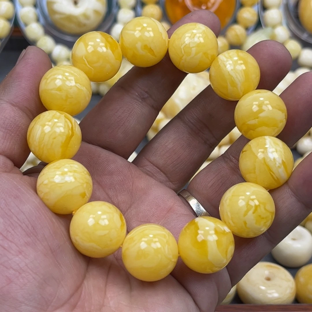 琥珀未镶嵌手串同料焦皮奶橘妖花圆珠手串17.5mm