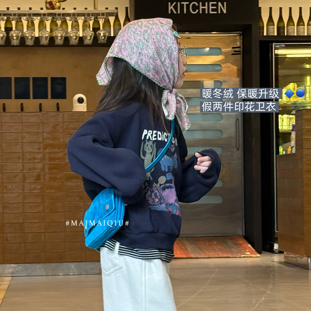 现货「麦麦秋」【预言猫】暖冬绒女童冬季卡通加绒假两件卫衣GD2540