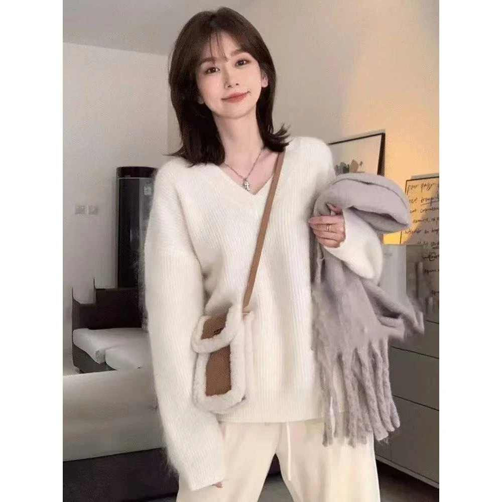 新款纯色秋冬季宽松高级套头慵懒秋冬毛衣针织衫上衣女装