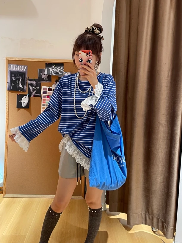 【清】NO退换-韩版条纹蕾丝拼接上衣秋季