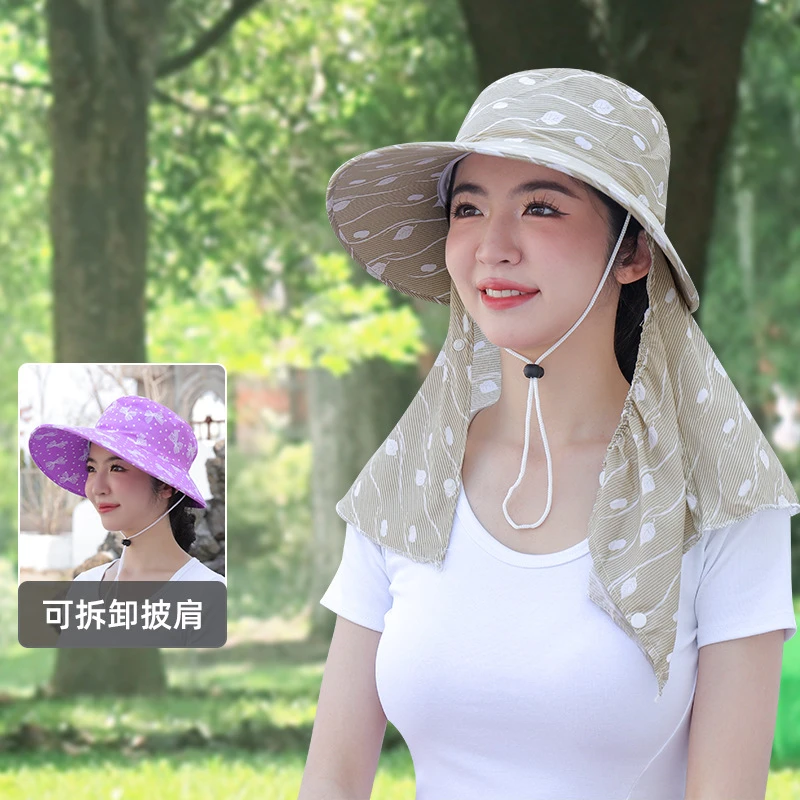 夏季防晒帽子可拆卸护脸护颈太阳帽大沿凉帽透气遮阳帽采茶骑车帽