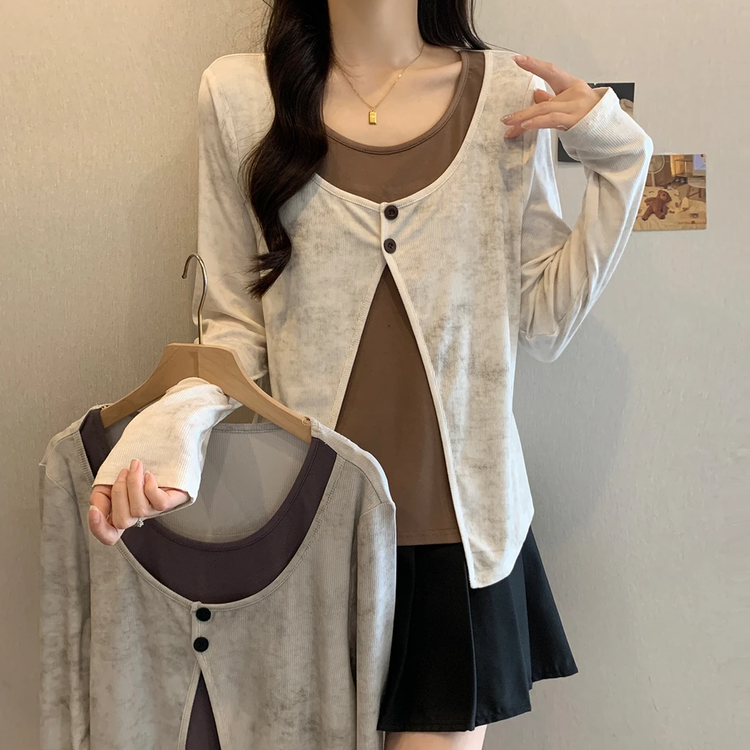 【PKGIRL心选】清大码春胖mm拼接假两件炒色T恤设计感内搭上衣63967