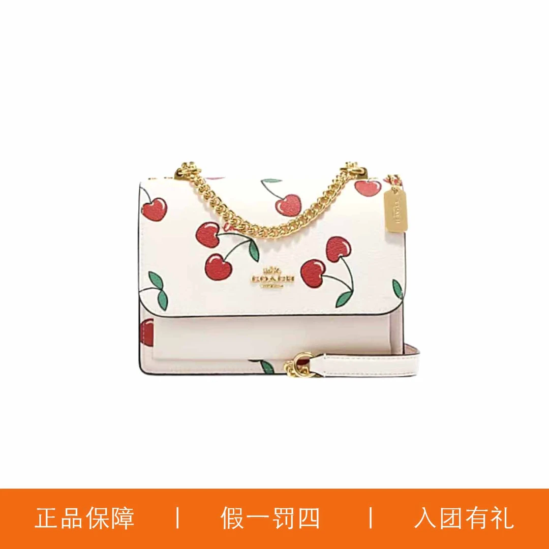 95新 COACH/蔻驰 蔻驰白色樱桃印花风琴包/C2858/18X13X5