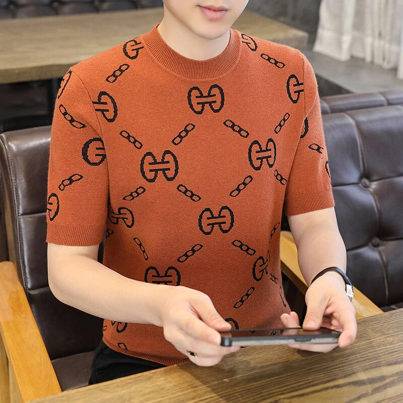 【高品质】帅气针织T恤春新款针织短袖圆领套头毛衣男时尚百搭6806