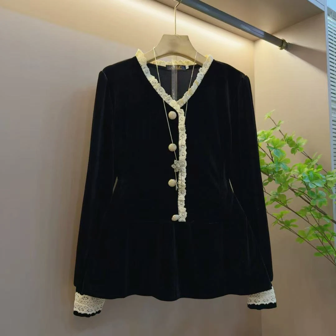 气质新款法式V领拼接花边高级感丝绒显瘦时尚长袖上衣（长68左右）