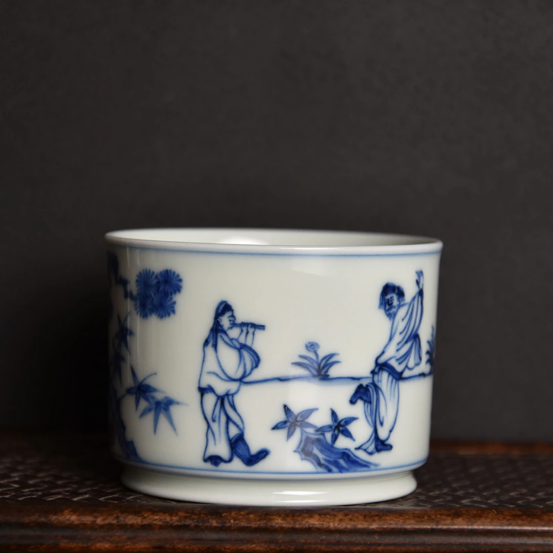 YR012景德镇陶瓷柴窑茶器仿明官窑器青花乐舞图直筒杯容天杯