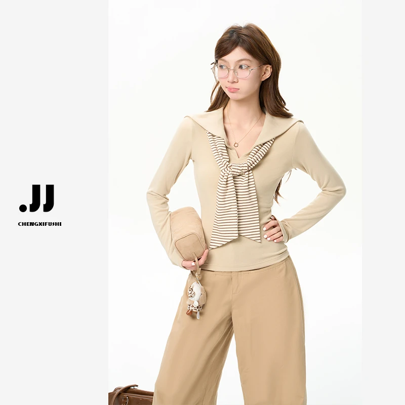 【剑桥模范生】秋季新款长袖T恤小众学院风海军领假两件上衣女H375