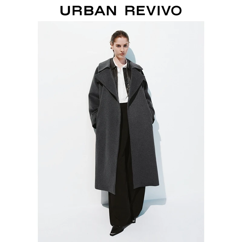 UR2025秋季新款女装腰带长款大衣呢料外套UWG150098+