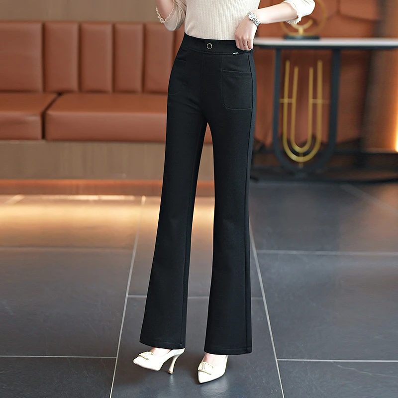 春秋休闲裤时尚喇叭裤黑色弹力料子修身裤子外穿高腰薄款黑色