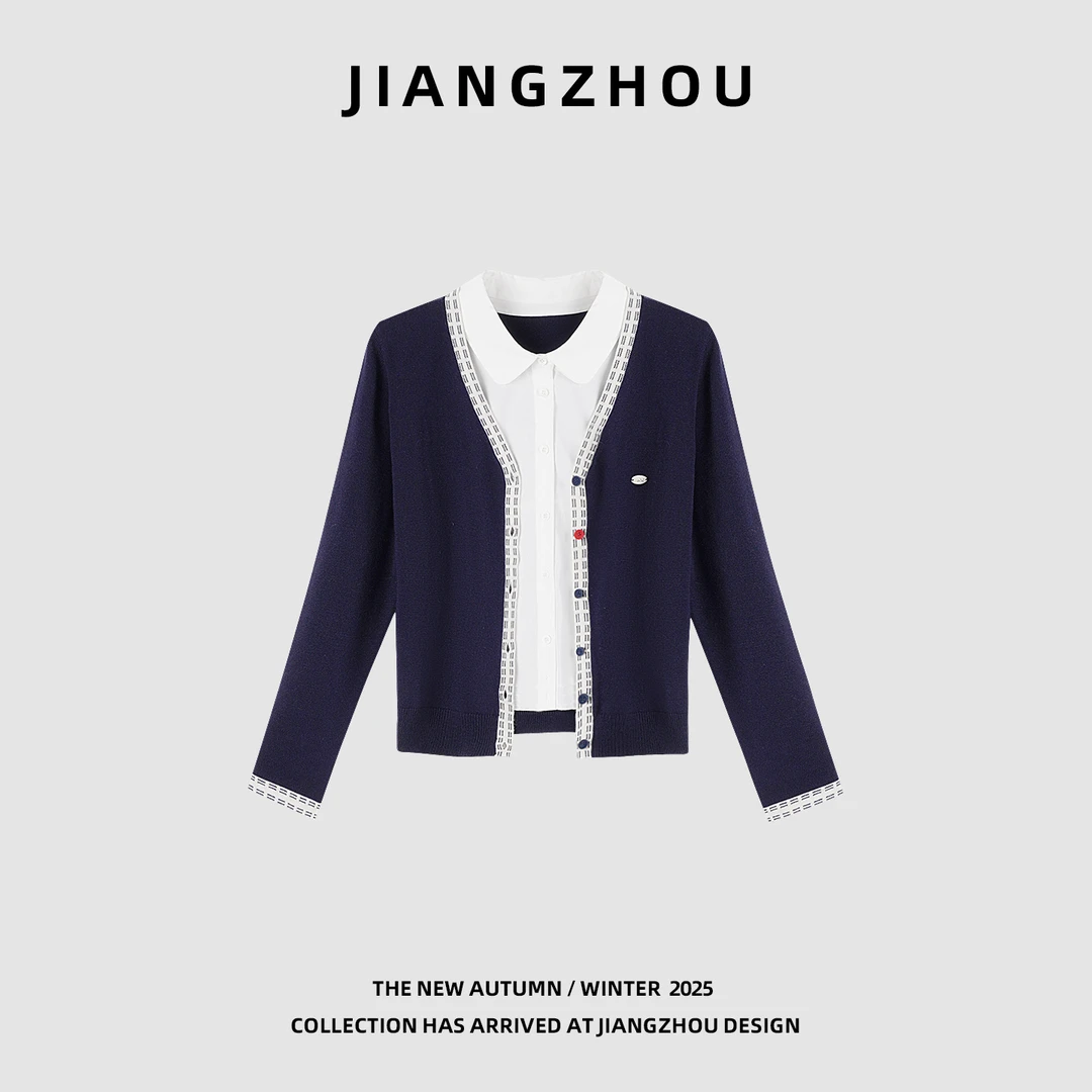 江洲【蓝映】秋冬新款气质拼接衬衫假两件设计流光风羊毛针织开衫