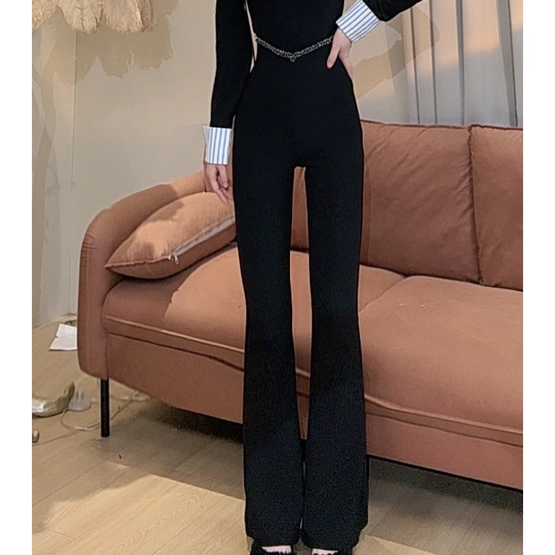 【美美专享】13198设计感高腰紧身钻边腰头微喇长裤女