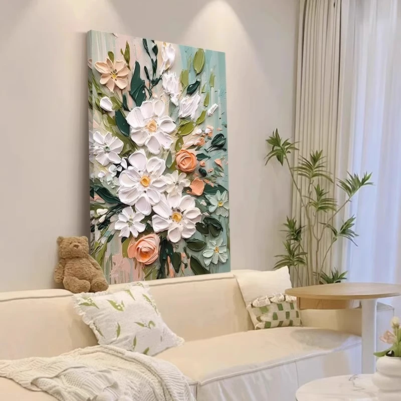 奶油客厅装饰画沙发背景画大芬村油画花卉壁画高级卧室挂画