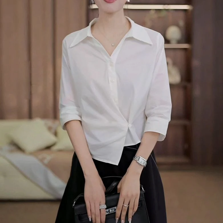 白色长袖肌理感衬衫女2025春秋新款宽松休闲衬衣设计感小众上衣潮