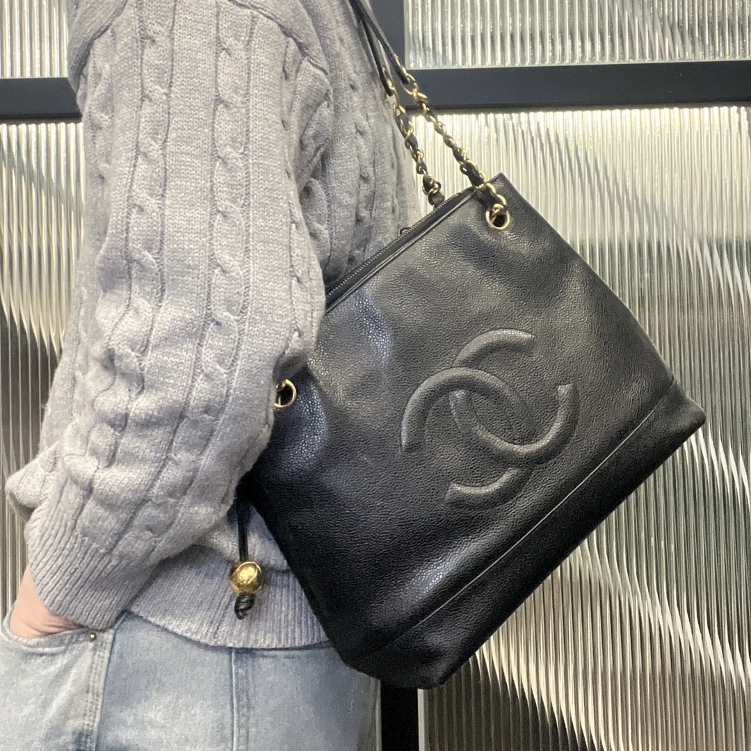 95新 Chanel/香奈儿 【涛】57BJM1 黑金牛荔纹皮单肩斜挎包
