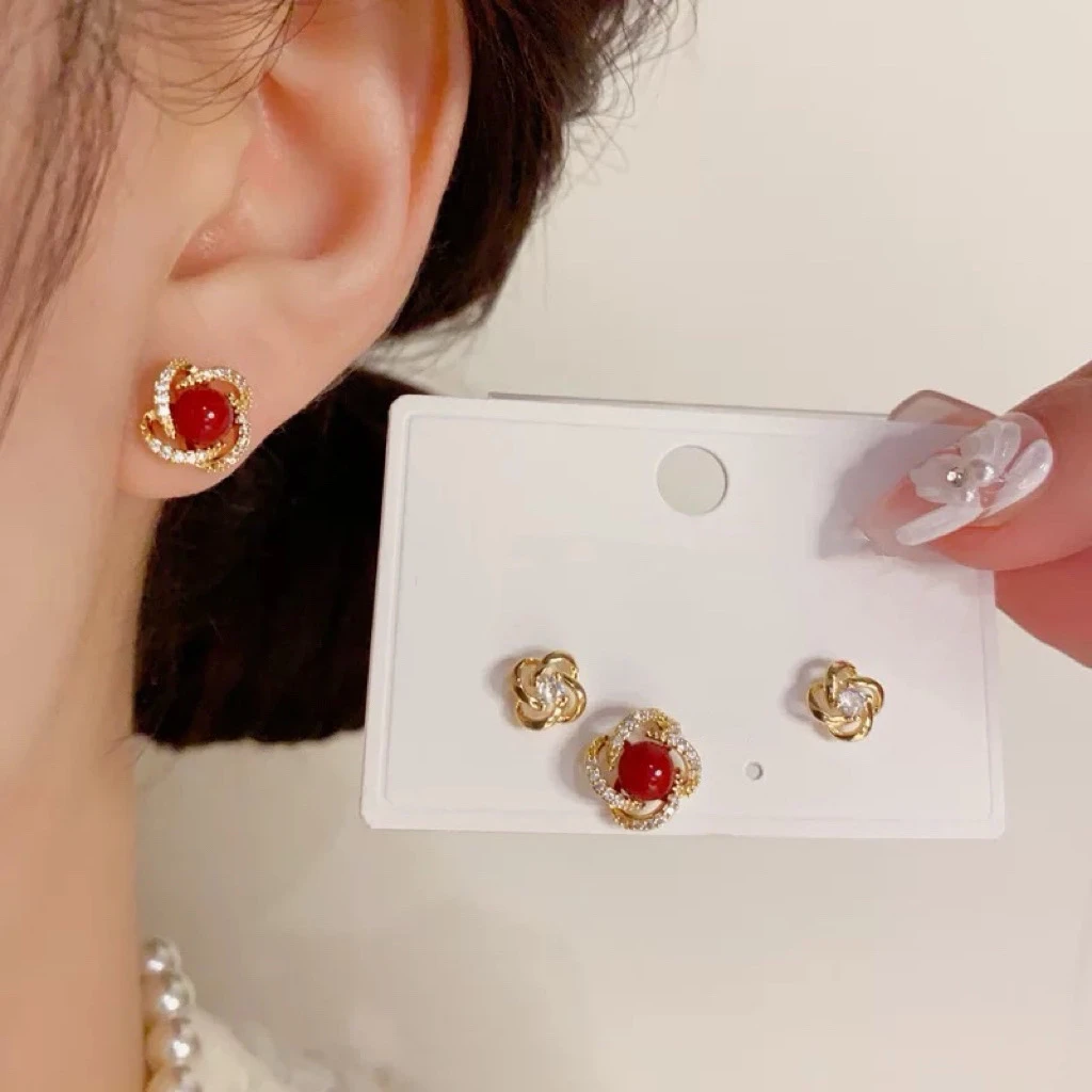 铜合金耳饰 A小众时尚设计感红色珠珠三件套耳钉简约百搭耳饰E829