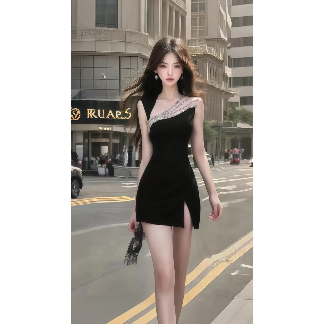 轻奢优雅高级千金风黑色斜领收腰修身显身材包臀连衣裙女氛围感