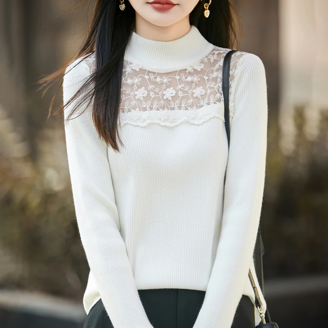 品牌正品秋冬静奢风蕾丝镂空半高领羊毛针织衫设计感洋气时尚上衣