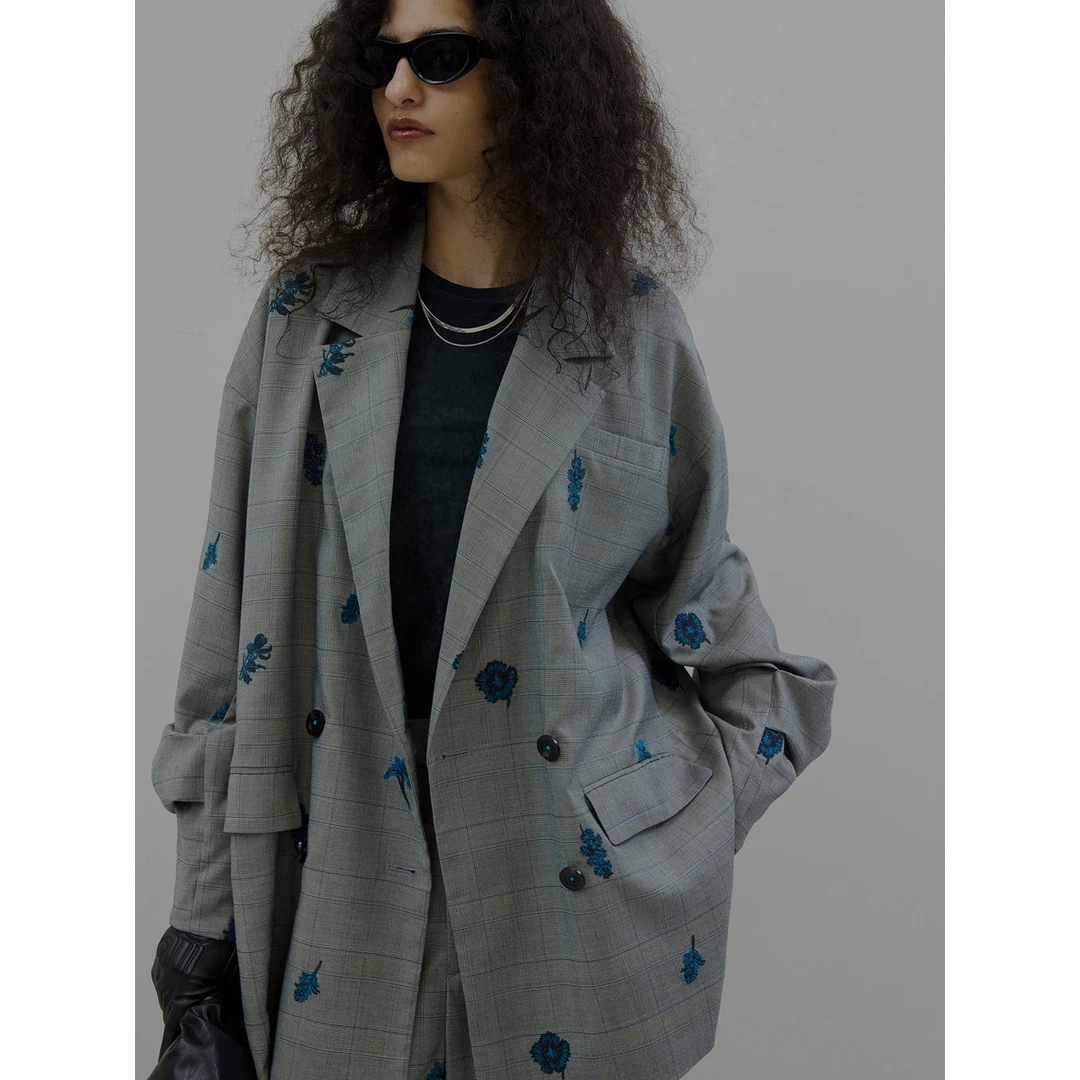 【Montendre】秋冬新款 代 气质设计师格纹花卉宽松西装外套