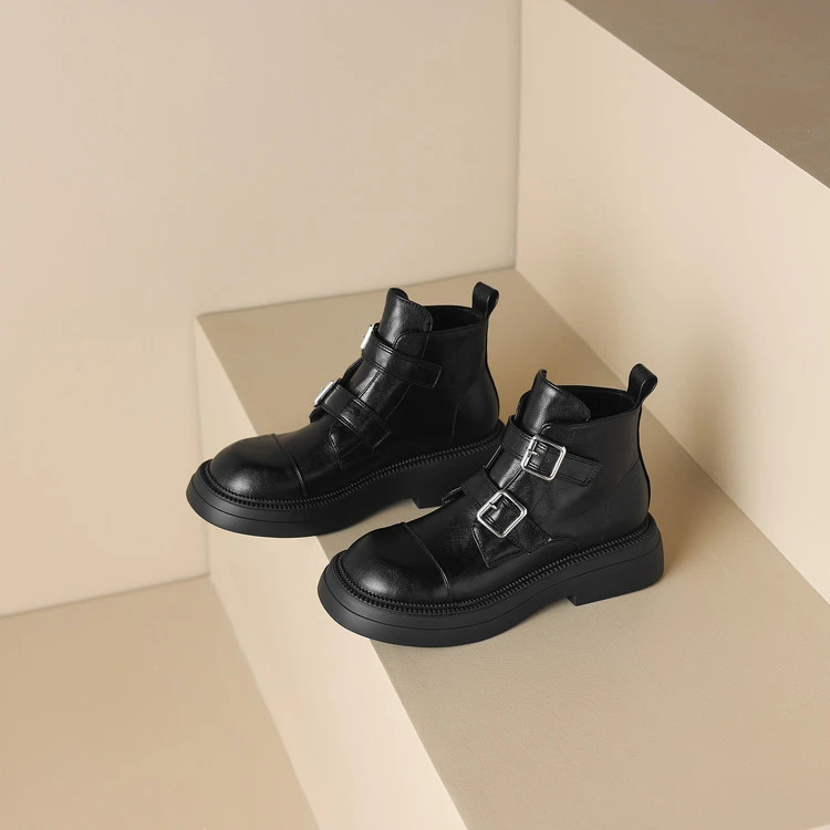 5CM/33-41/百搭短靴学院风扣件魔术贴黑色时装靴冬季百搭瘦瘦女靴