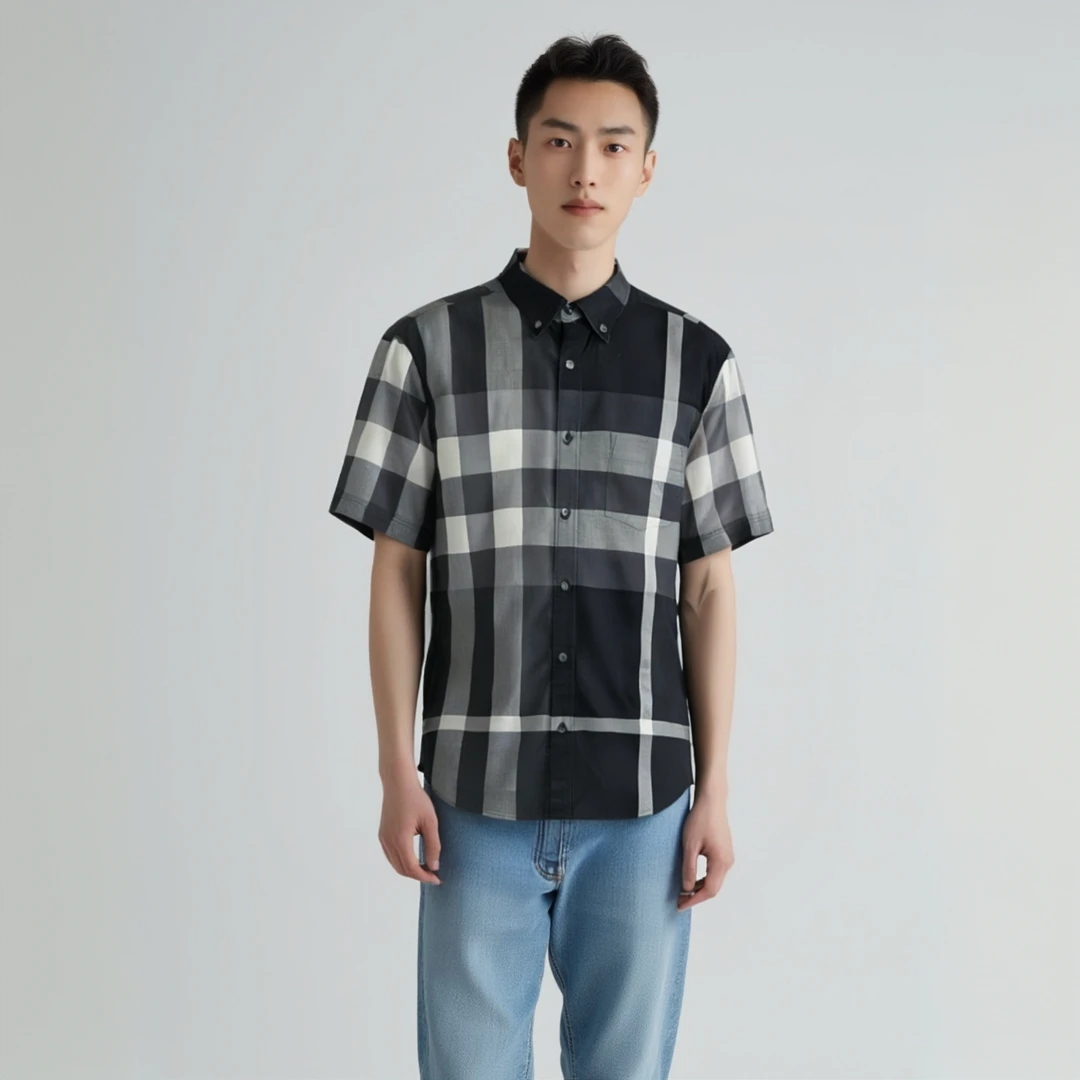 99新 BURBERRY/博柏利 12935295 格纹拼接翻领衬衫短袖 黑色 M码