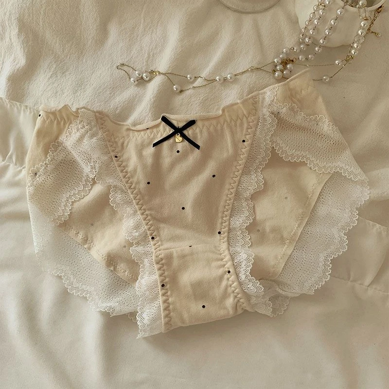 梨纱甜甜美纯欲蕾丝花边内裤女10A抗菌棉裆复古小波点中腰三角裤