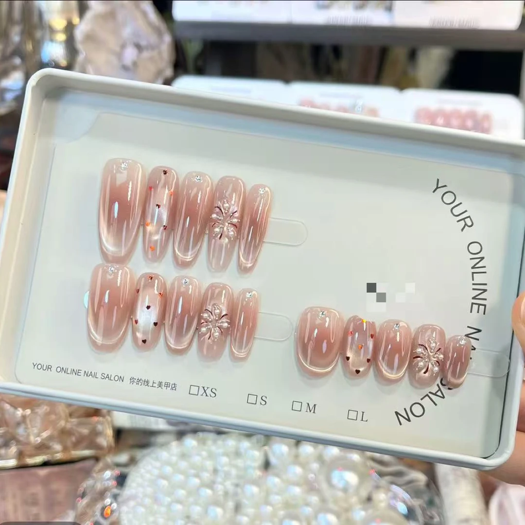 甜心花花手工穿戴甲可爱手绘腮红猫眼美甲气质显白10片装