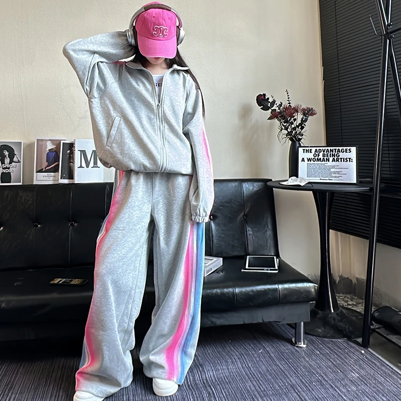 女童春秋季套装2025韩版多巴胺休闲外套初中生样式宽松运动阔腿裤