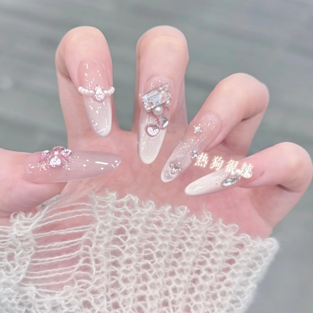 「人鱼绮梦」纯手工温柔气质法式渐变爆闪猫眼甜美风穿戴甲