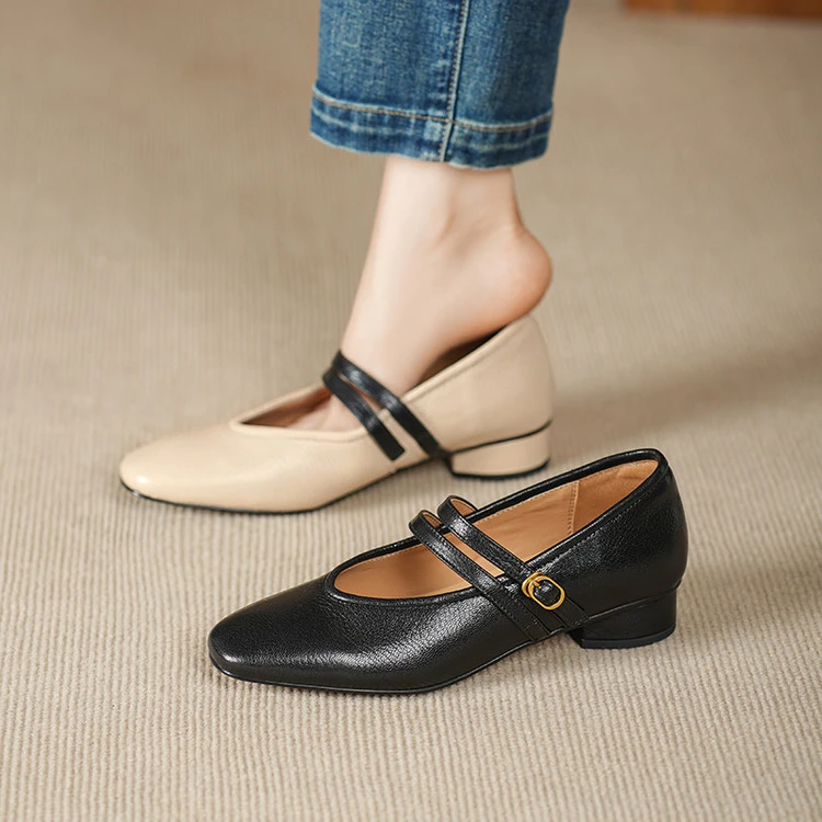 羊皮~3cm法式浅口单鞋女真皮手工女鞋洋气百搭低跟一字带玛丽珍鞋