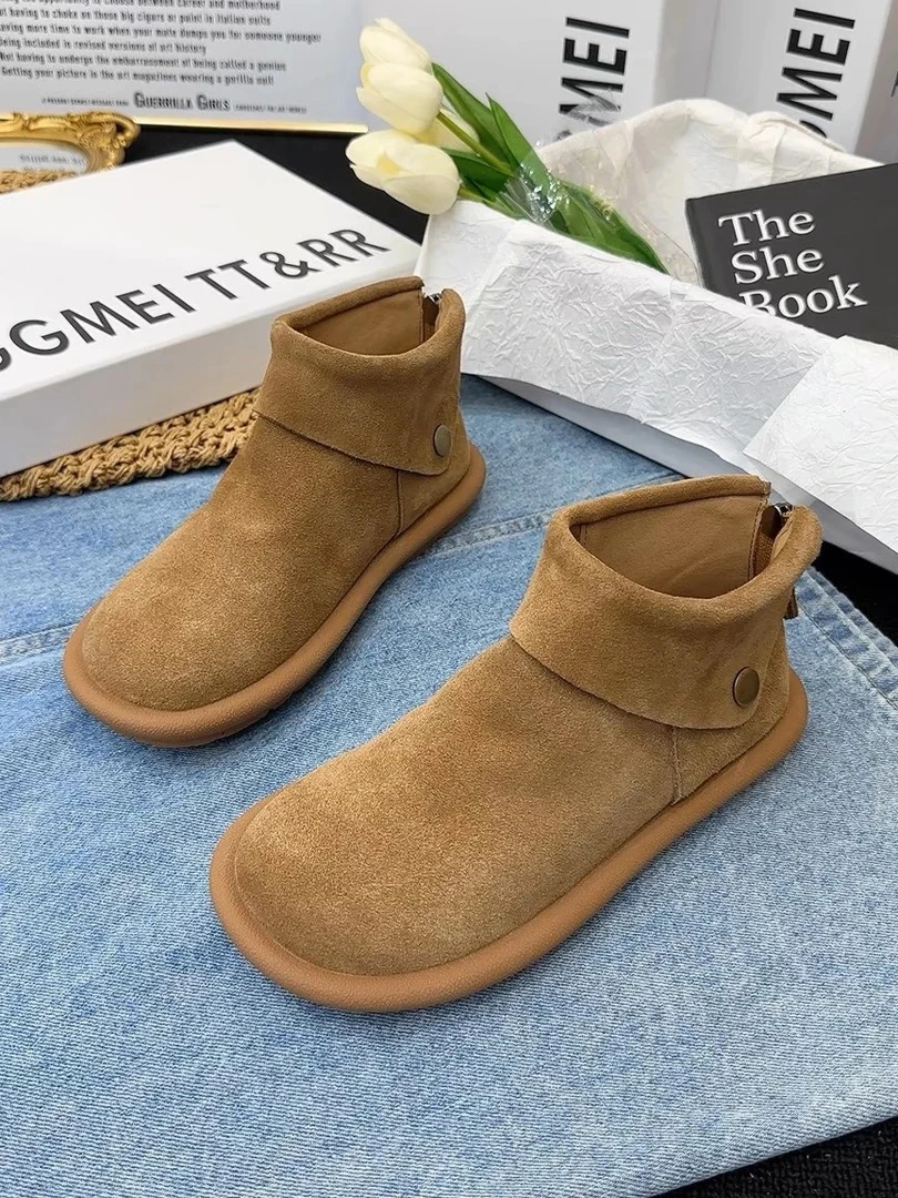 0677反毛马丁靴女圆头低筒后拉链平底靴复古短靴女鞋