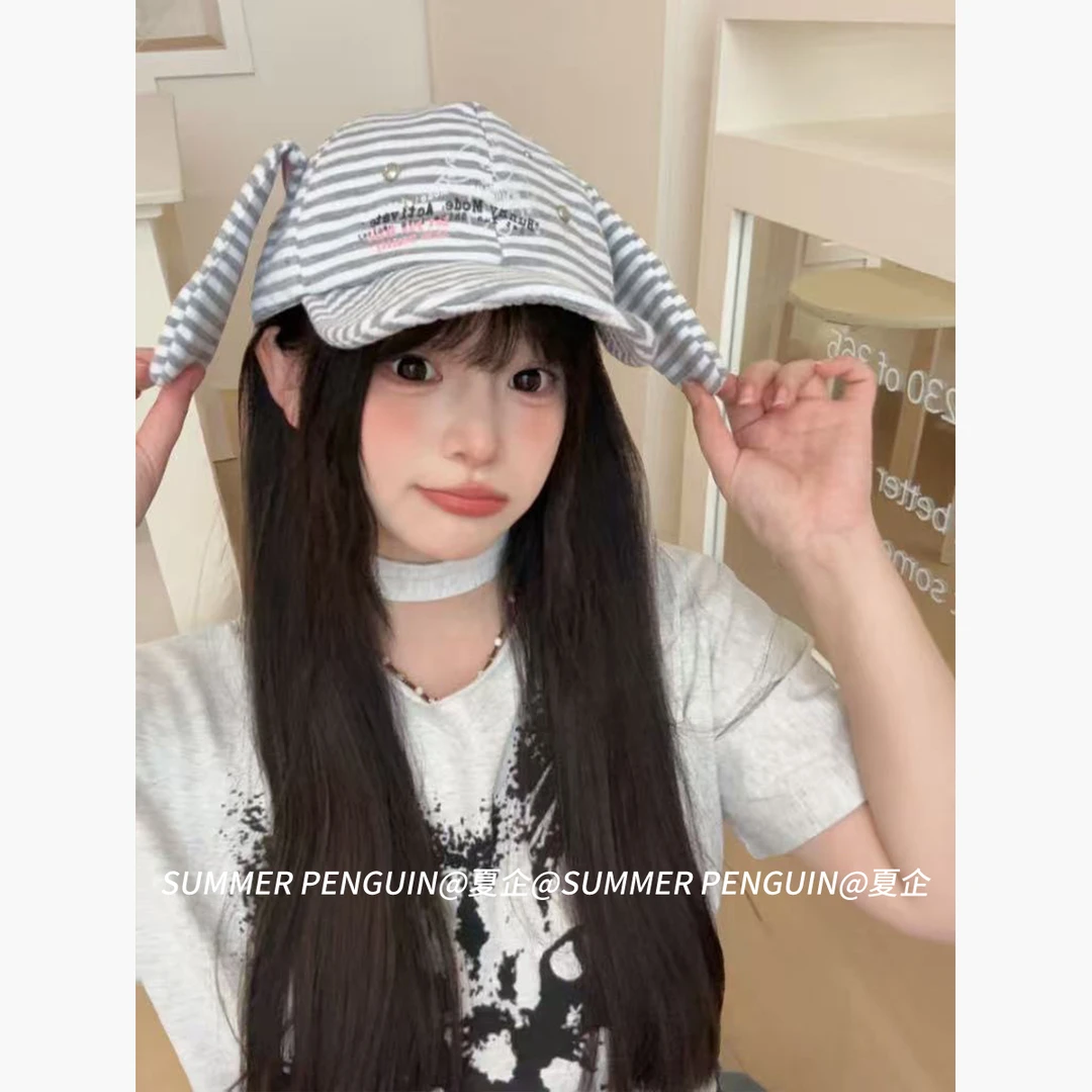 SUMMER PENGUINY2K亚比风条纹兔耳朵棒球帽女遮阳帽显脸小鸭舌帽