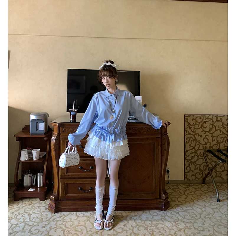【爱尔兰】蓝色下摆白边设计感抽绳长袖衬衫上衣4119