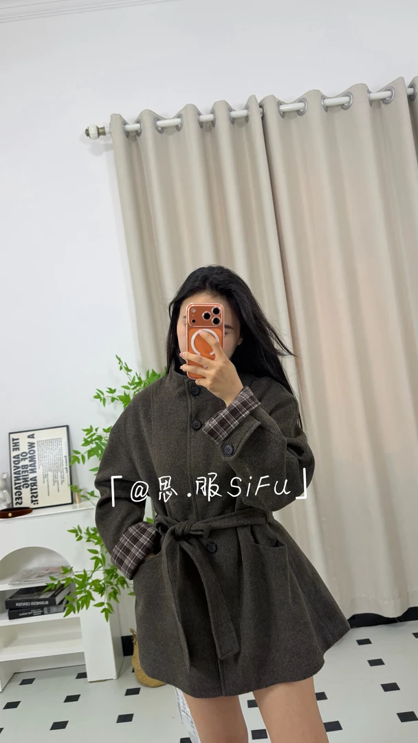 薄款中长款女休闲风立领毛呢系带外套外