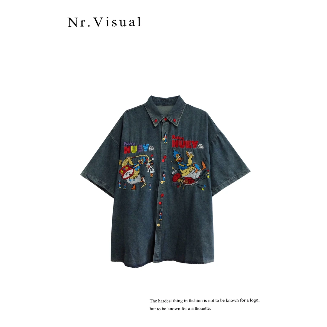 「小九NR」美式复古趣味卡通刺绣设计感小众短袖牛仔衬衣