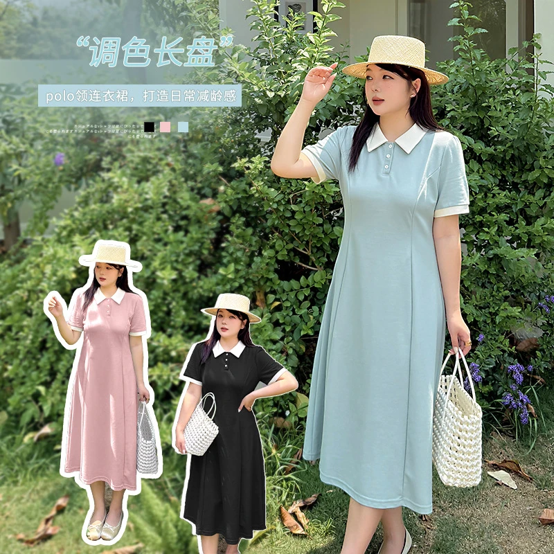 伊诺大码女装撞色polo领连衣裙2025夏季新款收腰减龄中长裙222191